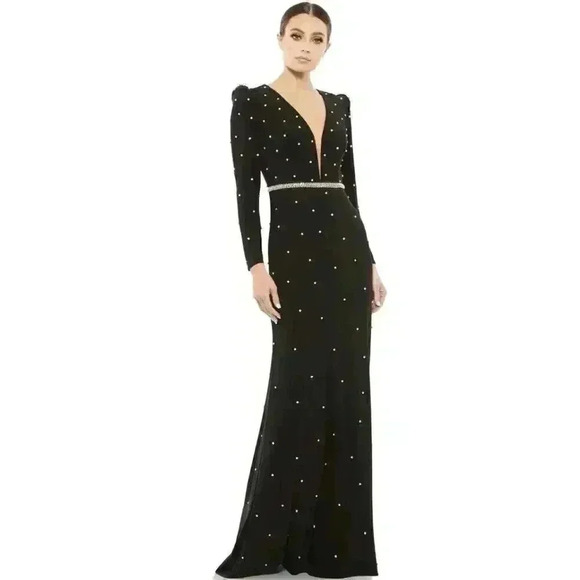 MAC DUGGAL BELTED JEWEL ENCRUSTED PLUNGE NECK LONG SLEEVE GOWN 2 COLUMN DRESS XS - Picture 1 of 12